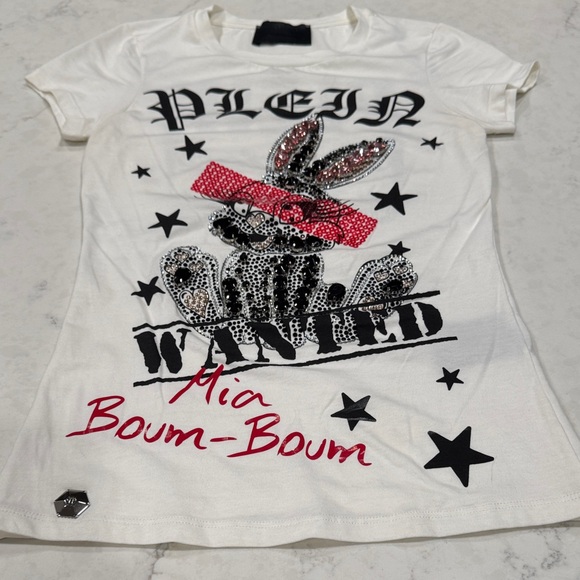 Philipp Plein White Tee with Sequin Bunny and Red Accents - Picture 1 of 6